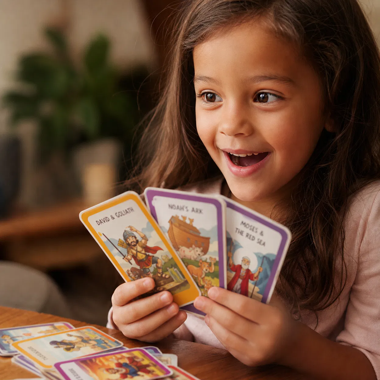 Criança jogando com cartas bíblicas